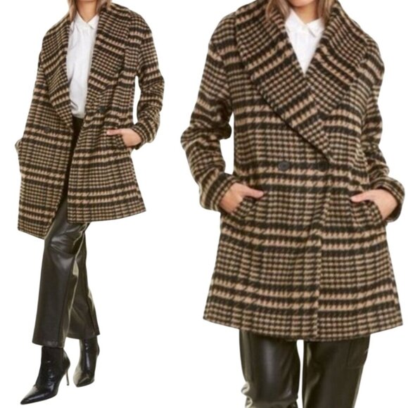 Avec Les Filles Shawl Collar Houndstooth Coat Camel Black Wool Blend Size L - Picture 1 of 8